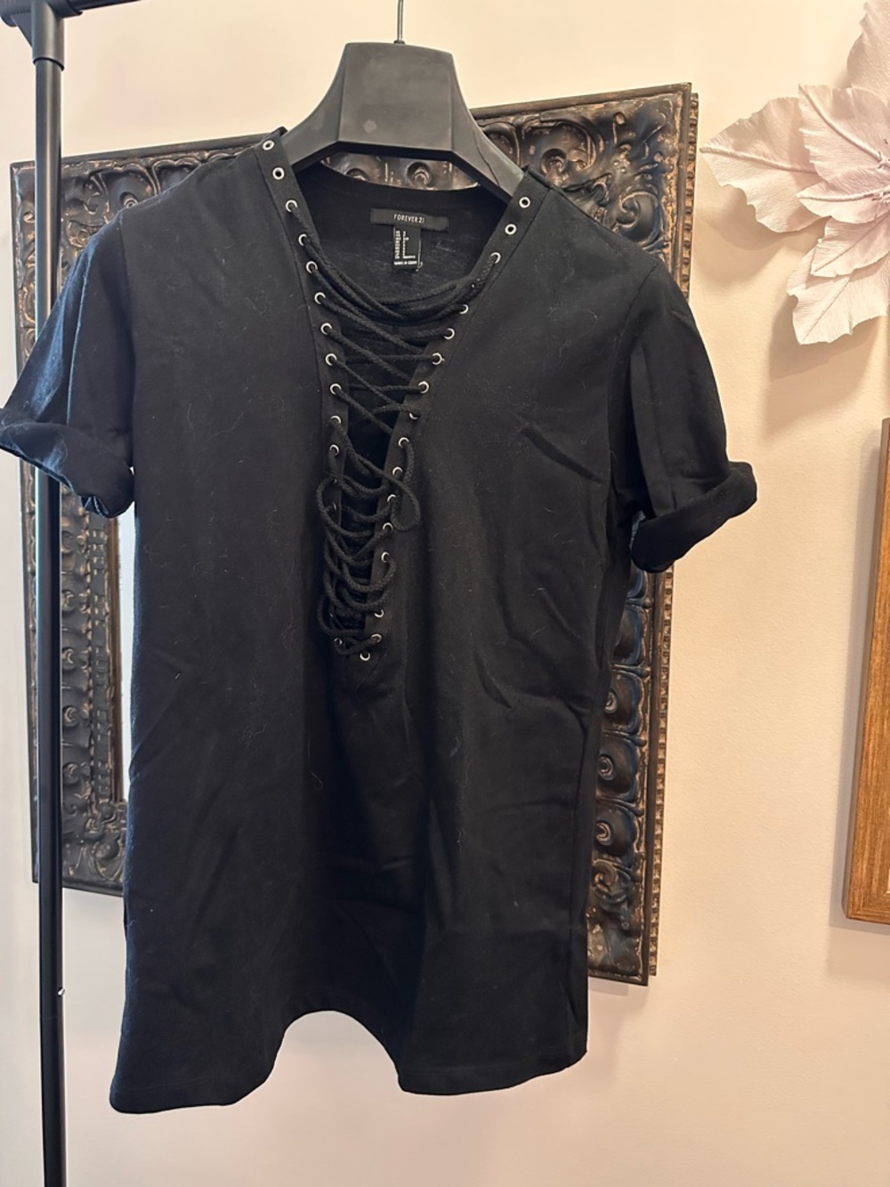Forever 21 Black Lace-Up V-Neck Short Sleeve Tee
